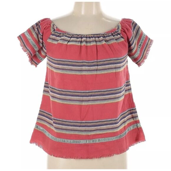Anthropologie DRA Woven Frayed Raw Stripe Boho Top Large Short Sleeves - Picture 3 of 9
